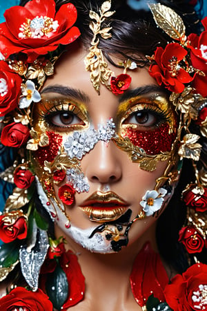 (Close-up shot of an amazingly beautiful latina woman, brown eyes, gold and black, bright red covering her eyes, flowers made of icing melting over her eyes, amazing fantasy style), Detailed Textures, high quality, high resolution, high Accuracy, realism, color correction, Proper lighting settings, harmonious composition, Behance works,glitter