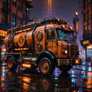 Steampunk garbage truck bathed in orange and black hues, "DUMP" signal illuminated atop, set against a rain-drenched Cyberpunk cityscape at night, captured with photorealistic quality, UHD resolution, and cinematic lighting emphasizing the steampunk aesthetic, volumetric rain effects, glistening reflective surfaces, steam emanating from pipes, ultra-fine textures, cybernetic augmentation, steampunk style,steampunk style,steampunk