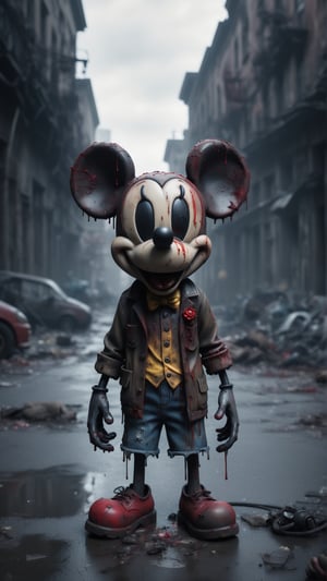 Mickey mouse zombie, earting a brain, in a post-apocalyptic city (best quality,4k,8k,highres,masterpiece:1.2), ultra-detailed, (realistic,photorealistic,photo-realistic:1.37), horror, portraits, vibrant colors, dramatic lighting, decaying city, eerie atmosphere, crumbling buildings, foggy streets, dilapidated cars, broken windows, abandoned toys, hauntingly beautiful, haunting shadows, dark alleys, flickering streetlights, twisted Mickey ears, tattered clothing, menacing smile, bloodshot eyes, decaying flesh, gnarled hands, creepy crawlies, zombie apocalypse, brain feast, macabre scenery.