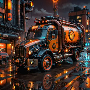 Steampunk waste truck bathed in orange and black hues, "DUMP" signal illuminated atop, set against a rain-drenched Cyberpunk cityscape at night, captured with photorealistic quality, UHD resolution, and cinematic lighting emphasizing the steampunk aesthetic, volumetric rain effects, glistening reflective surfaces, steam emanating from pipes, ultra-fine textures, cybernetic augmentation, steampunk style,steampunk style,steampunk