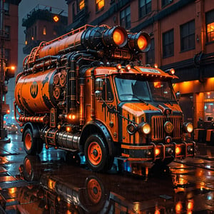 Steampunk garbage truck bathed in orange and black hues, "DUMP" signal illuminated atop, set against a rain-drenched Cyberpunk cityscape at night, captured with photorealistic quality, UHD resolution, and cinematic lighting emphasizing the steampunk aesthetic, volumetric rain effects, glistening reflective surfaces, steam emanating from pipes, ultra-fine textures, cybernetic augmentation, steampunk style,steampunk style,steampunk