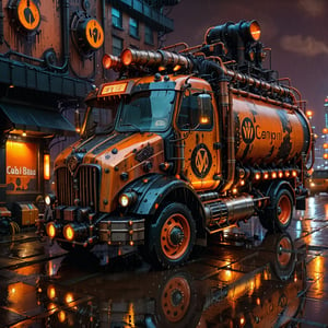 Steampunk garbage truck bathed in orange and black hues, "DUMP" signal illuminated atop, set against a rain-drenched Cyberpunk cityscape at night, captured with photorealistic quality, UHD resolution, and cinematic lighting emphasizing the steampunk aesthetic, volumetric rain effects, glistening reflective surfaces, steam emanating from pipes, ultra-fine textures, cybernetic augmentation, steampunk style,steampunk style,steampunk