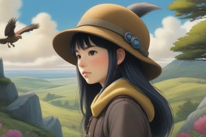 Harvestella-style ,1girl, solo, long hair, looking at viewer, bangs, black hair, gloves, long sleeves, hat, holding, closed mouth, jacket, upper body, black eyes, lips, realistic, nose, beanie, planet,  psychedelic PopSurrealism with vibrant colors and cute animals in dreamlike landscape ,Traditional JRPG Elements, Isamu Kamikokuryo's Modern Graphics, Final Fantasy and Rune Factory Influence, Maurice Sendak Whimsy, Slow Worm Inspired by George Inness