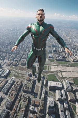 Airon man is flying on a city 