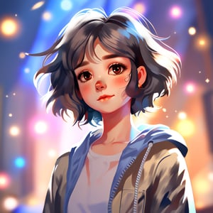 1girl, solo, looking at viewer, short hair, standing, glowing, surreal, abstract,cartoonish cute, cute cartoon, cute detailed artwork, cute cartoon style, cute cartoon character, kawaii,in style of "Schism"- PC Game, in style of "Disco Elysium"