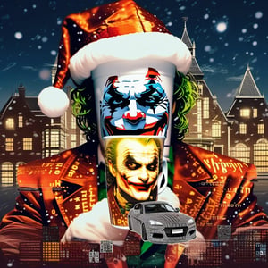 double exposure , Joker dc comics, Arkam Asylum at night reflection on a brand new sports car, QR code, barcode patchwork, double exposure DC Joker+Arkham, night_sky, cup of hot choclate with x-mas motive ,Cellular Automata,Recaptcha
