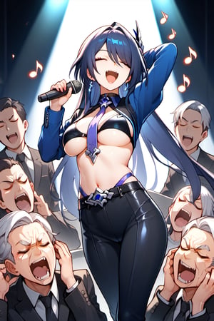 (score_9,score_8_up,score_7_up,best quality,masterpiece,beautiful eye),
1girl,solo,,acheron \(honkai: star rail\),school uniform,underboob,
bad singing,crowd,happy,grimace,(hands on own ears:1.2),music,noisy musical note,
multiple boys,suit,formal,necktie,old man,screaming,closed eyes,blank_eyes,holding microphone,
indoors,stage,stage lights,concert,
