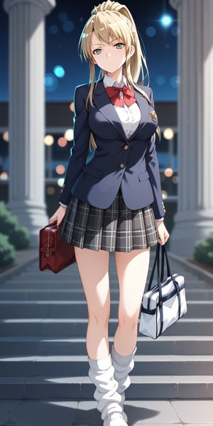 score_9,score_8_up,score_7_up,1girl,1girl,solo,school uniform,slim legs,large breasts,blazer,checkered skirt,miniskirt,loose socks,pumps,round toes,tote bag,station square,stand leaning against a pillar,bored,night,highly detailed beautiful face and eyes,chromatic_aberration,bokeh,(depth of field:1.1),chromatic_aberration,psychedelic background,best quality,masterpiece,mamiya maiko,