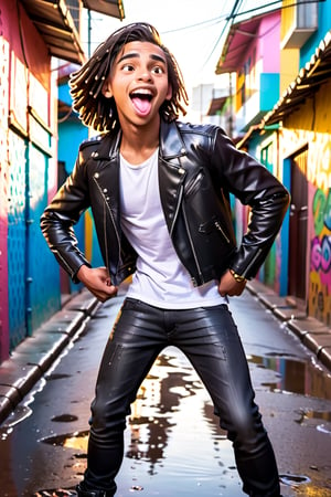 Confident 16-year-old Brazilian boy poses in Rio de Janeiro Favela, warm sunlight illuminating his joyful face with a comical expression: wide-open mouth, pink tongue sloping to the side. Sleek leather jacket and undercut spikes frame wet hair. He sports black leather jeans and boots, energetic vibe popping against vibrant Favela backdrop. Fit, slim physique showcases defined muscles in action.