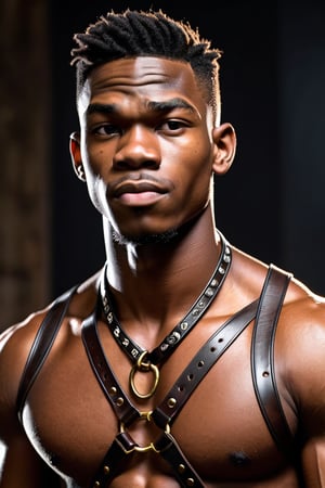 A 18-year-old African male teenager's chiseled features dominate the frame as he poses confidently in close-up. (His slender build is accentuated by the fitted bulldog leather harness and leather pants that hug his toned physique). Soft, warm lighting enhances the rich darkness of his skin.