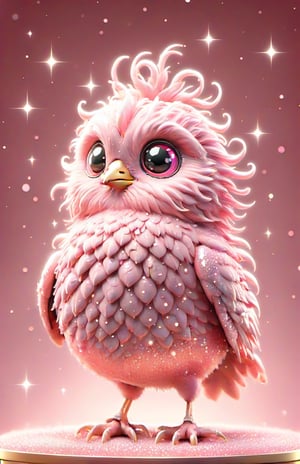 3D Art, Fluffy pink fat animated bird. Ultra detailed, sharp focus, starry background, studio light, uhd, 8k, Kodak Gold 400,glitter