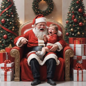 masterpiece, best quality, high detailed, Extremely Realistic, funny illustration, child crying while sitting on Santa's knee, in a mall, cinematic, moviemaker style,