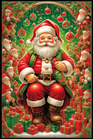  high_resolution, high detail, Santa Claus surrounded by presents, red and green color, glass art, glass style