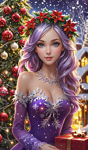 Christmas Carols, singers ((5 people epiphany singers christmas)) holding the christmas partiture standing in the christmas village)), happy, expressive eyes, snowflakes, Christmas tree and gifts, full body, (masterpiece, top quality, best quality, official art, beauty and aesthetics: 1.2), (abstract, fractal art: 1.3), colorful purple hair, Highest details, detailed_eyes, fire, water, ice, lightning, light particles, Christmas style clothing, Christmas tree, string of Christmas light bulbs, Christmas red flowers, beautiful lines, determined eyes, flowers, detailed face, detailed eyes , brilliant blooming flowers and romantic lights as the background, presents everywhere