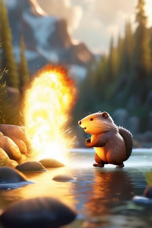 A side view of a cute beaver walking along the river. It's tail up and showing it's butt to the viewer, huge multicolored lights exploding from his butt indicating a large fart. Surrounded by nature. Cinematic, masterpiece, realistic.,Explosion Artstyle