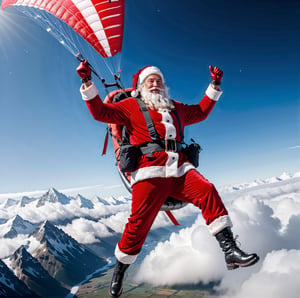 Santa Claus paragliding through the sky dropping presents, ((wearing red suit)), futuristic paraglider, red gloves, red boots, perfectly detailed, 8k resolution, dreamlike, (((futuristic paraglider))), (((masterpiece))), (((best quality))), ((ultra-detailed)), extremely detailed, high quality, hyper detail, masterpiece, best quality, best quality, ultra detailed, flying long hair, Bokeh lighting,santa_dress