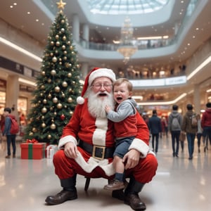 masterpiece, best quality, high detailed, Extremely Realistic, funny illustration, child crying while sitting on Santa's knee, in a mall, cinematic, moviemaker style,