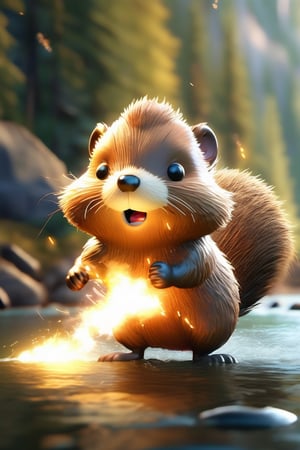 A side view of a cute beaver walking along the river. It's tail up and showing it's butt to the viewer, huge multicolored lights exploding from his butt indicating a large fart. Surrounded by nature. Cinematic, masterpiece, realistic.,Explosion Artstyle