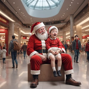 masterpiece, best quality, high detailed, Extremely Realistic, funny illustration, child crying while sitting on Santa's knee, in a mall, cinematic, moviemaker style,