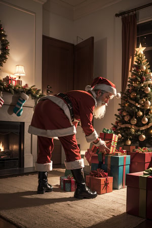 (masterpiece),((best quality)),(ultra detailed),(Classic Santa Claus bent over and placing gift under the tree),(Santa Claus),(Christmas Tree),(Presents),(((Presents))), cozy living room,Best illustration,ultra-high resolution,wallpaper,UHD,Santa Claus focus,Indirect lighting,((handsome)),More Detail,(front view),Illustration,