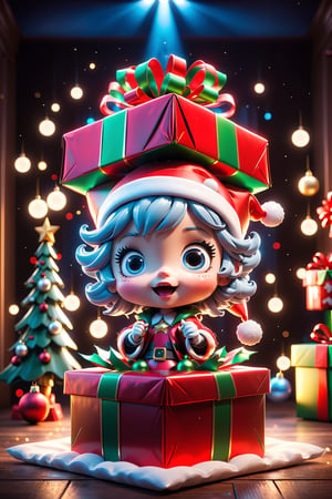 masterpiece,{{{best quality}}},(illustration)),{{{extremely detailed CG unity 8k ,Brilliant light,cinematic lighting,long_focus, Jack in the box pops out of a large present,(Christmas theme),chibi,disney style