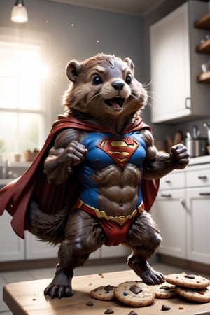 A cute beaver wearing superman cape, jumping into action, (flexing muscles), kitchen background with plates of cookies everywhere, cinematic lighting, dramatic, magestic, masterpiece