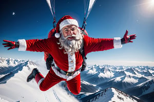 Santa Claus paragliding through the sky dropping presents, ((wearing red suit)), futuristic paraglider, red gloves, red boots, perfectly detailed, 8k resolution, dreamlike, (((futuristic paraglider))), (((masterpiece))), (((best quality))), ((ultra-detailed)), extremely detailed, high quality, hyper detail, masterpiece, best quality, best quality, ultra detailed, flying long hair, Bokeh lighting,santa_dress