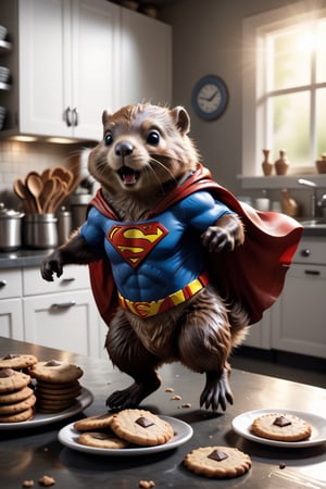 A cute beaver wearing superman cape, jumping into action, kitchen background with plates of cookies everywhere, cinematic lighting, dramatic, magestic, masterpiece