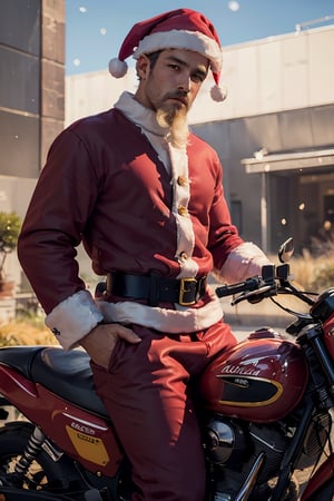  (((super detail face))), ((big pack:0.8)), ((Justin Hartley:0.3), (Orlando Bloom:0.7)), (hi-top fade:1.3), red clothes, soothing tones, muted colors, high contrast, colombian, (natural skin texture, hyperrealism, soft light, sharp), ((((young handsome santa riding a motorcyle, short facial hair, the lighting is perfect, casting a soft glow on his features and creating a sense of depth and dimension.)))), santa hat, dg_Jusin,Sexy Muscular, perfect hand, perfect fingers, perfect face, dynamic poses, (red long pant). Santa coat, large red sack