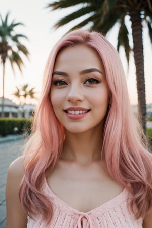 (best quality,4k,8k,highres,masterpiece:1.2),ultra-detailed,(realistic,photorealistic,photo-realistic:1.37),portrait,beautiful and smiling latina woman,((pink hair)),cinematic, red dress,Ondas e Nuances,detailed symmetric light hazel eyes,circular iris,vivid colors,((Selma Hayek:0.7),  (sjbleau:0.5)),summer scenery,sunlight,innocence and radiance,sparkling eyes,joyful expression,subtle wind blowing through her hair,subtle hint of pink in her lips,elegant posture,confident stance,long flowing pink hair,wonder and serenity in her gaze,captivating beauty,palm trees in the background,peaceful and enchanting summer scene,Kodak gold 400