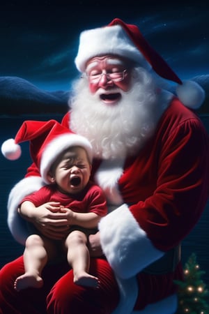 Realistic, high resolution, a mesmerizing display of bioluminescent brilliance, child crying on Santa Claus lap, embarassed