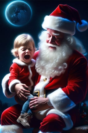 Realistic, high resolution, a mesmerizing display of bioluminescent brilliance, child crying on Santa Claus lap, embarassed