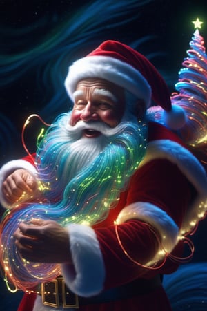 Realistic,  high resolution, a mesmerizing display of bioluminescent brilliance, Santa Claus bends over and releases a big fart that emerges glowing with vibrant hues that dance and swirl like illuminated ribbons, embarassed