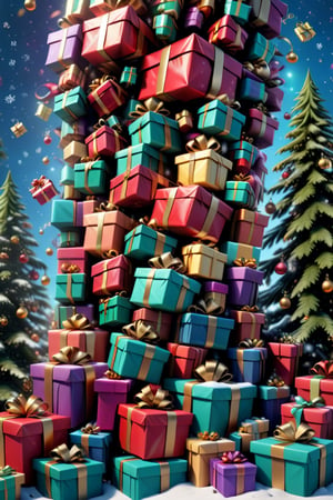 (((Presents falling from the sky))),snowing,pine trees,((presents everywhere)), detailed, 8K, winter wonderland, vivid color,3d
