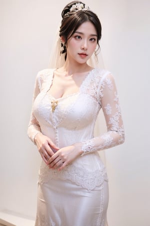 full body shot, full body shot, wide angle shot, cute girl in beautiful white wedding dress, polaroid photo, full body shot, full body, dynamic pose, (girl in suit, thin nose), (wearing beautiful white wedding dress:1.9), very black Long hair, (ponytail hairstyle: 1.4), (anxious face: 1.3), (Agao face: 1.1), (blush: 1.4), (real skin), (wedding background: 1.8),High quality texture, intricate details, detailed texture, High quality shadow, a realistic representation of the face, Detailed beautiful delicate face, Detailed beautiful delicate eyes,a face of perfect proportion, Depth of field, perspective,(big eyes:0.8), perfect body,distinct_image, (finely detailed beautiful eyes and detailed face), light source contrast,photorealistic, realistic,// realistic skin, slim waist, small hight, slim body, (huge breasts:1.2),(gigantic breasts:1.3),(pureerosface_v1:0.5) , (ulzzang-6500-v1.1:0.5),asian girl,ahg, side,kebay4