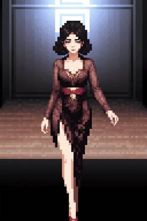 Hyperrealistic image of Kendall Jenner walking down a Fashion Week runway, with a bold and modern look. She is wearing a kebaya and confident walk. The runway lighting is dramatic, with focus on the dress and the model's pose. Makeup is flawless, with emphasis on intense eyes and radiant skin. The image should have a cinematic style, capturing the energy and elegance of the event.