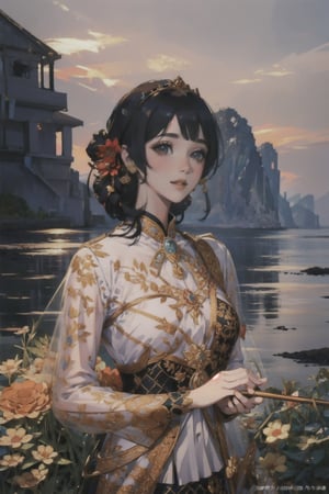 Masterpiece, best quality, official art, princess, wearing a tosca sundanese kebaya, flower emblem, detailed background of a beach, dynamic lighting,Realism,Portrait,kebay4