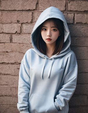 RAW photo, beautiful girl in a hoodie by a brick wall , photo, naked shirt, hyperdetailed photography, soft light, trending on ArtStation Pixiv, high detail, sharp focus, aesthetic, 8k uhd, DSLR, intricate details, soft lighting, high quality,
