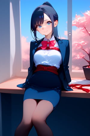 A young girl sits confidently on her desk, looking directly at the viewer with a gentle smile and a subtle blush. Her long black hair is tied back in a ponytail, and her bangs frame her face. She wears a white shirt under a fitted black jacket, paired with a pencil skirt and thigh-high pantyhose. A miniskirt and black high heels complete her formal outfit. In the background, cherry blossoms bloom against a bright blue sky visible through the window.,shibari,rope,More Reasonable Details,tag score,scary,ink 