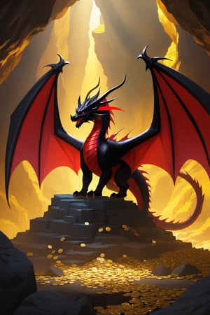 Red and black dragon, standing on a pile of gold in a cave, Dragon,Dragon