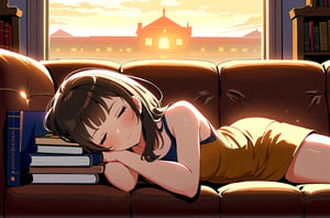 (((Masterpiece, High Quality, Best Quality, High Resolution, Center of Close-up Shot, Realistic, Siesta, One Girl, Stacked Books, Sofa))),Impermanence,Hermann Hesse,No People in Frame,Eaves,First-Person View,Evening,Low Clouds,Thin Clouds,Sun Setting,Silence,Serenity,積本,Wall Clock,1970's,Ephemeral,Illusion,Hope for Tomorrow,Better clothing,detailed clothing,perfect clothes,mecha musume,mechanical arms,headgear,bodysuit,