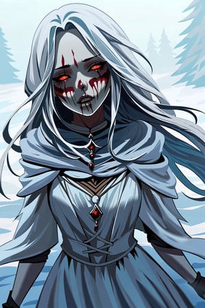 (best quality, highres, masterpiece:1.2), women, dressed as a snow maiden, skull on face, bloodstains, winter, snow, chilling wind, scary, evil, haunted, macabre and unsettling, distorted focus, eerie atmosphere, horror film, creepy, dark shadows, frosty breath, hauntingly beautiful, surreal, bone-chilling cold, frozen landscape, hair blowing in the wind, icy fascination, ghostly presence, frozen tears, spine-tingling sensation, frozen silence, mysterious aura, piercing gaze, ethereal beauty