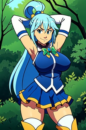 AquaKnsb-KJ, skirt, thighhighs, blue shirt, detached sleeves, thigh boots, bow, forest background, 1girl, looking at viewer, cowboy shot, huge breasts, smile, arms behind head