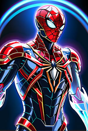 ultra Realistic,Extreme Detailed,beautiful Prism light,neon light, Glass made ultra Detailed transparent Iron-spider half body,ultra transparent,wearing glass made transparent luxury Armor,