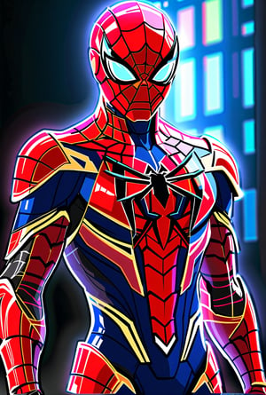 ultra Realistic,Extreme Detailed,beautiful Prism light,neon light, Glass made ultra Detailed transparent Iron-spider half body,ultra transparent,wearing glass made transparent luxury Armor,