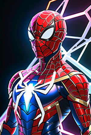 ultra Realistic,Extreme Detailed,beautiful Prism light,neon light, Glass made ultra Detailed transparent Iron-spider half body,ultra transparent,wearing glass made transparent luxury Armor,