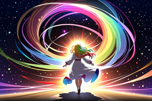 one lady with rainbow hair floating in space, trails of color mixed with light particles, closed eyes, full body, godly, fading away into color particles from behind