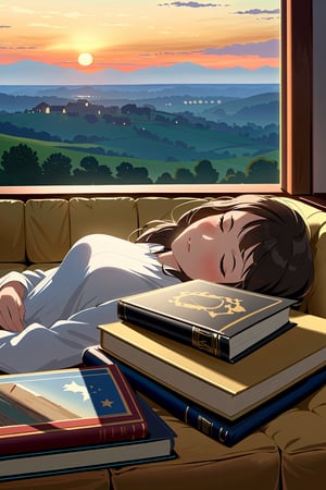 (((Masterpiece, High Quality, Best Quality, High Resolution, Center of Close-up Shot, Realistic, Siesta, One Girl, Stacked Books, Sofa))),Impermanence,Hermann Hesse,No People in Frame,Eaves,First-Person View,Evening,Low Clouds,Thin Clouds,Sun Setting,Silence,Serenity,積本,Wall Clock,1970's,Ephemeral,Illusion,Hope for Tomorrow,Better clothing,detailed clothing,perfect clothes,mecha musume,mechanical arms,headgear,bodysuit,