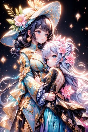 vibrant colors, female, masterpiece, sharp focus, best quality, depth of field, cinematic lighting, ((duo, adult woman)), (illustration, 8k CG, extremely detailed), masterpiece, ultra-detailed, 2 girls, short hair, black_black_purple hair, braids, blue eyes, Mountain, floral elegance, draped in a jacket crafted entirely from a myriad of multicolored flowers, a girl radiates elegance with ornate earrings and a decorative floral accent adorning her hair. The detailed illustration captures the enchanting scene, where the beauty of nature intertwines with the sophistication of an elegant ensemble. Her hair, styled with grace, frames her face in a cascade of intricate waves. The floral jacket, a kaleidoscope of colors, accentuates her regal presence. The ornate earrings add a touch of refinement, and the floral hair decoration becomes a delicate hat, harmonizing with the vibrant hues of the blossoms, illustration paints a captivating portrait of a girl embodying the splendor of nature and the refinement of elegance. The floral jacket becomes a living canvas of colors, creating a scene of timeless beauty and botanical sophistication. Lake. ,Nice legs and hot body,perfect, perfect hand, perfect hands, perfect finger, perfect fingers, 
,1 girl, pillow hug,pillow hug