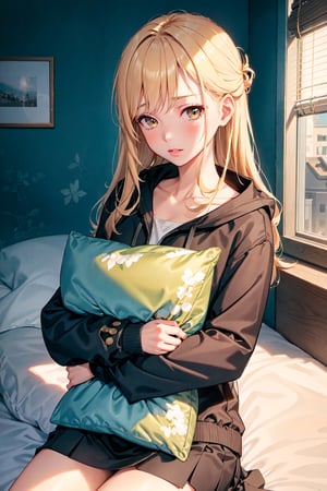 realistic, 1girl, parted lips, blush, makeup, light smirk, blonde_blonde_black hair, hoodie, jacket, skirt, floral hairpin, glow, thighs, lay on the bed, green_green_black eye, collarbone, narrow waist, bedroom, sunlight, flower, (masterpiece), underwear, potted plant, pillow, wallpaper, sunbeam,perfect,pillow hug